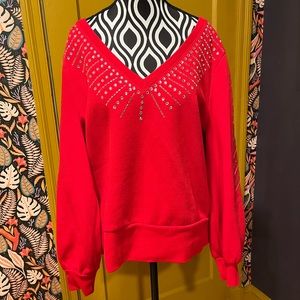 INC Red Rhinestone V-Neck Sweatshirt Size L